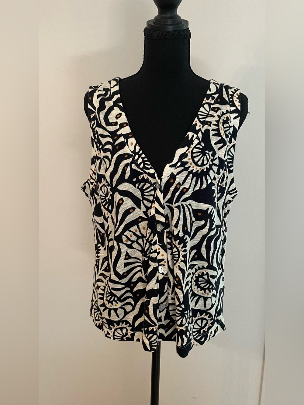 Nicole Miller Linen Black Cream Sleeveless Print Button Blend Cropped Top L